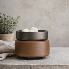 Load image into Gallery viewer, 2-in-1 wax warmer in pewter walnut finish with woodgrain base and removable metal dish on neutral stone surface