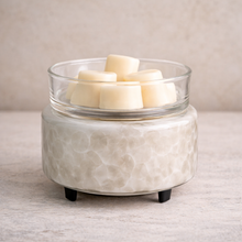 Load image into Gallery viewer, 2-in-1 wax warmer in swirl glass finish with textured translucent base and glass dish on neutral stone surface