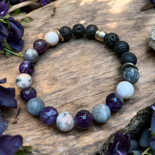 Load image into Gallery viewer, Amethyst and zebra Jasper essential oil beaded bracelet