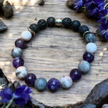 Load image into Gallery viewer, Amethyst and zebra Jasper essential oil stretch bracelet