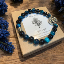 Load image into Gallery viewer, Blue tiger eye stretch bracelet with Tree charm