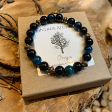 Load image into Gallery viewer, Onyx and blue tiger eye beaded bracelet
