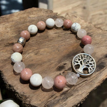 Load image into Gallery viewer, Rose quartz and howlite stretch bracelet with tree charm