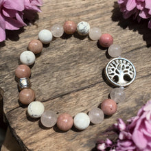 Load image into Gallery viewer, Rose quartz stretch bracelet with tree charm