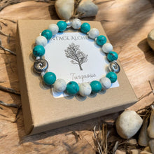 Load image into Gallery viewer, Turquoise and howlite stretch bracelet with seashell charms
