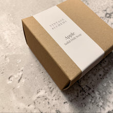 Load image into Gallery viewer, Apple solid dish soap bar in kraft box with Vintage Alchemy label on stone surface, natural coconut oil dish soap for kitchen cleaning