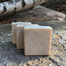 Load image into Gallery viewer, Three bars of Birchwood cold process soap on weathered stone with a softly blurred birch branch in the background