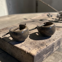 Load image into Gallery viewer, boho wood hoop earrings with stick post on rustic wood board artisan tribal wooden jewelry