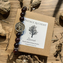 Load image into Gallery viewer, box for garnet beaded bracelet with tree charm