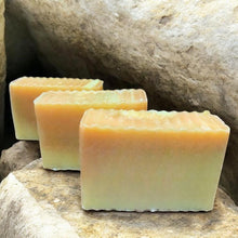 Load image into Gallery viewer, citrus bloom cold process soap bars on natural stone background handmade botanical soap