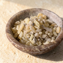 Load image into Gallery viewer, Frankincense resin pieces in small stone bowl on natural mineral surface for charcoal incense burning