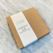 Load image into Gallery viewer, kraft box packaging for gardeners grit cold process soap by Vintage Alchemy on natural stone surface