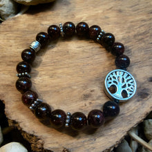 Load image into Gallery viewer, garnet stretch bracelet with tree charm