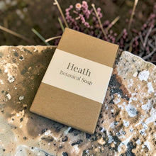 Load image into Gallery viewer, Heath botanical soap packaged in a kraft box with lavender, cedarwood, and frankincense essential oils
