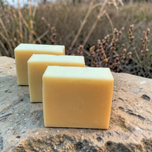 Load image into Gallery viewer, Heath botanical lavender soap with cedarwood and frankincense essential oils displayed on weathered stone