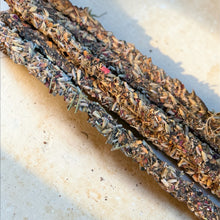 Load image into Gallery viewer, Lavender Rose botanical incense sticks with dried lavender and rose petals on natural wood surface