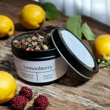 Load image into Gallery viewer, lemon and berry green tea tin with lid off