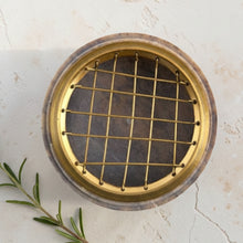 Load image into Gallery viewer, top view of lotus stone incense burner showing brass grate for charcoal