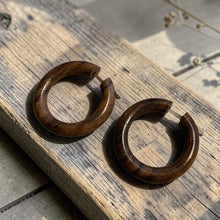 Load image into Gallery viewer, natural wood hoop earrings with stick post on rustic wood board boho artisan wooden jewelry