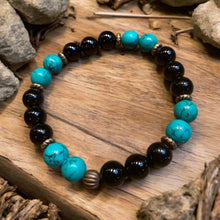 Load image into Gallery viewer, onyx and green turquoise stretch bracelet