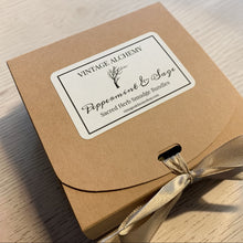 Load image into Gallery viewer, Peppermint and sage sacred herb smudge bundle gift box by Vintage Alchemy