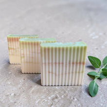 Load image into Gallery viewer, Pomona apple sage glycerin soap bars arranged on stone surface with fresh sage leaves