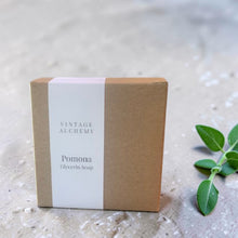 Load image into Gallery viewer, Pomona apple sage glycerin soap in kraft box packaging with Vintage Alchemy label and fresh sage sprig