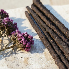 Load image into Gallery viewer, Rustic Myrrh herb and resin incense sticks with dried botanicals on pale stone surface