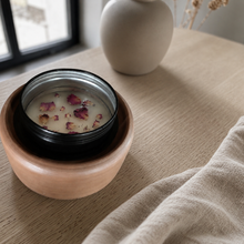 Load image into Gallery viewer, Botanical wax melt warmer with rose petal wax melt in matte clay bowl on pale oak table near black framed window in modern farmhouse interior
