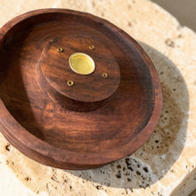 Load image into Gallery viewer, Sheesam wood incense burner for cones and sticks on warm limestone surface