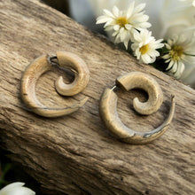 Load image into Gallery viewer, Thimble spiral faux gauge earrings in spalted tamarind wood