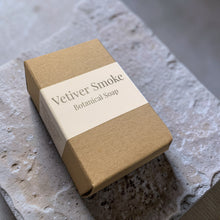 Load image into Gallery viewer, Vetiver Smoke botanical soap in kraft box packaging on natural stone surface handcrafted soap by Vintage Alchemy