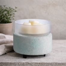 Load image into Gallery viewer, 2-in-1 wax warmer in beach glass finish with frosted glass dish and white wax melts on neutral plaster background
