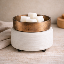 Load image into Gallery viewer, 2 in 1 wax warmer in brushed bronze finish with light colored base
