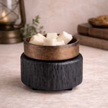 Load image into Gallery viewer, Charred Timber 2-in-1 wax warmer with bronze dish and white wax melts on neutral stone surface
