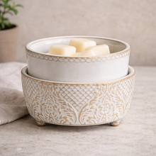 Load image into Gallery viewer, 2-in-1 wax warmer in vintage white ceramic with gold detailing and removable dish holding white wax melts
