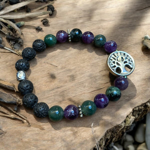 Amethyst and Moss agate beaded bracelet with tree charm