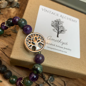 Amethyst and moss agate stretch bracelet with tree charm