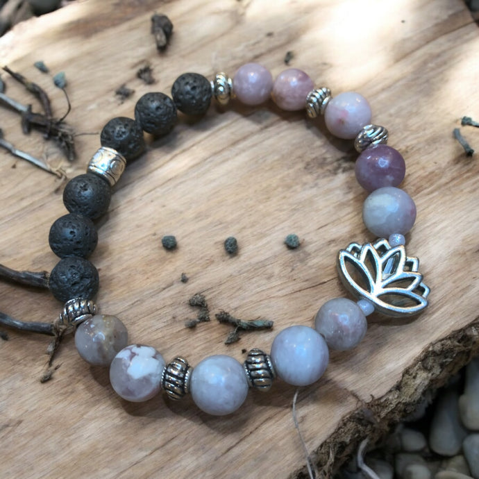 Angelite stretch bracelet for essential oils with lotus charm