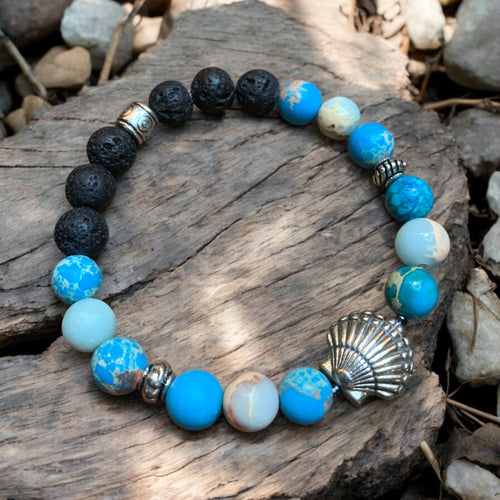 Blue Jasper essential oil bracelet with seashell charm