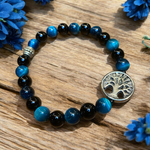 Blue tiger eye and Onyx stretch bracelet with Tree charm