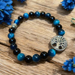 Blue tiger eye and Onyx stretch bracelet with Tree charm