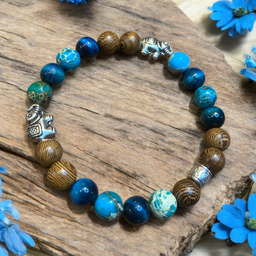 Blue tigers, eye and sea blue Jasper stretch bracelet