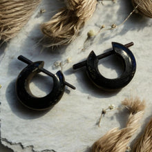 Load image into Gallery viewer, Wood Post Earrings | Thimble Hoops | Salvaged Horn
