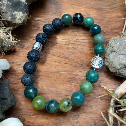 Jade and moss agate essential oil bracelet with turtle