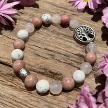 Load image into Gallery viewer, Rose quartz and howlite beaded bracelet with tree charm
