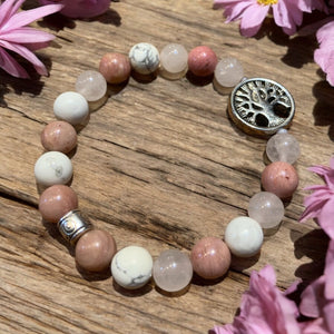 Rose quartz and howlite beaded bracelet with tree charm
