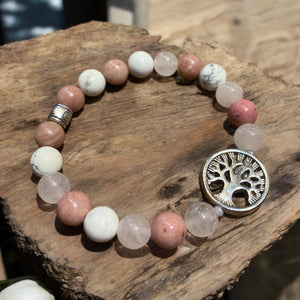 Rose quartz and howlite stretch bracelet with tree charm
