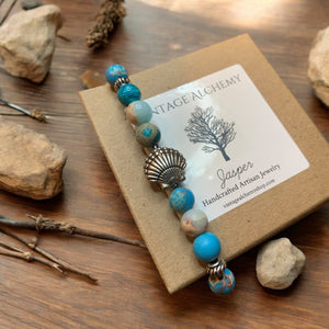 Sea and sky blue Jasper essential oil stretch bracelet with seashell charm