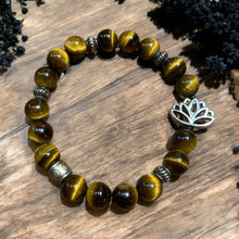 Load image into Gallery viewer, Tiger eye bracelet with lotus charm
